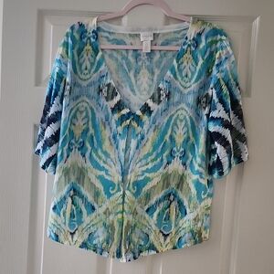 Chico's Teal, Aqua & Navy V-Neck Printed Tunic